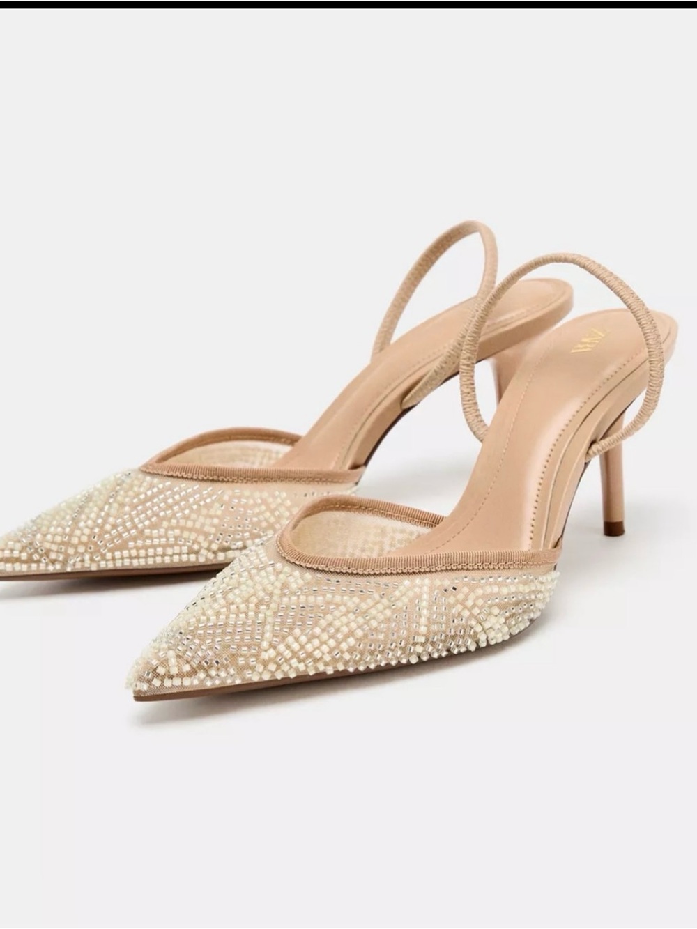 Zara Beaded Pointed Toe Slingback Heels in Nude
